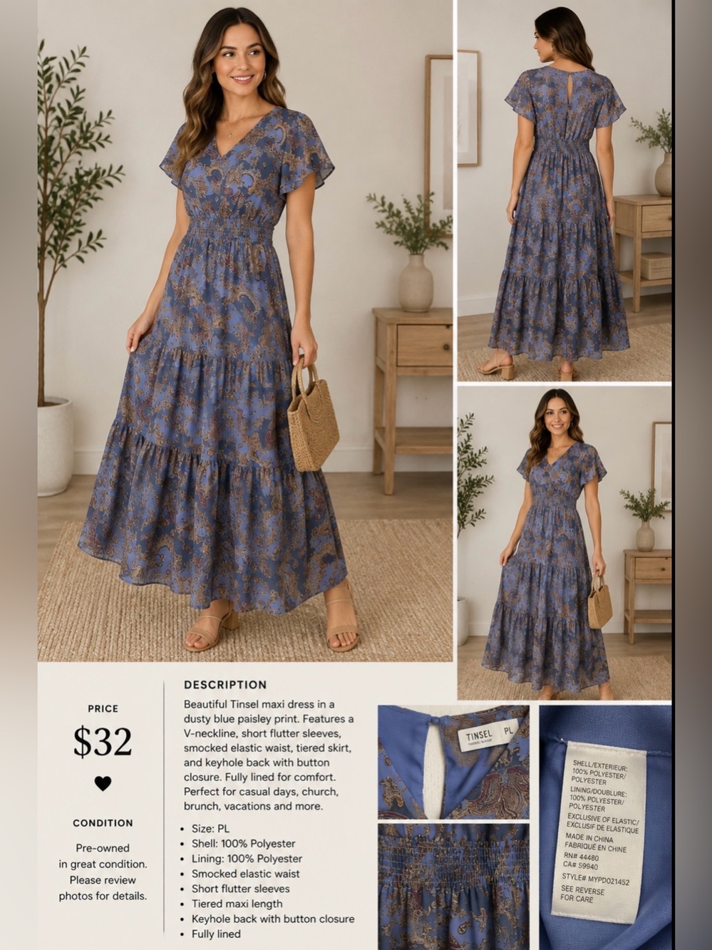 Tinsel Blue Paisley Tiered Maxi Dress Short Sleeve Size PL